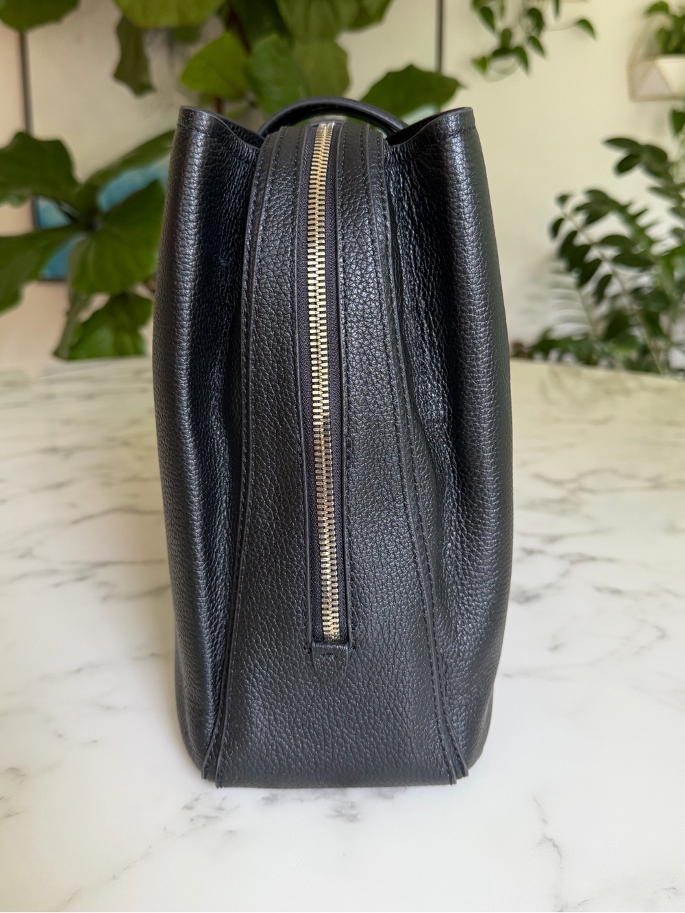Quince Italian Leather Triple Compartment Work Tote Black Laptop Shoulder Bag - Picture 5 of 14